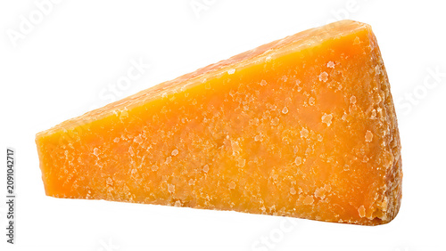 Triangular slice of aged cheddar cheese isolated on a white background with a rustic texture