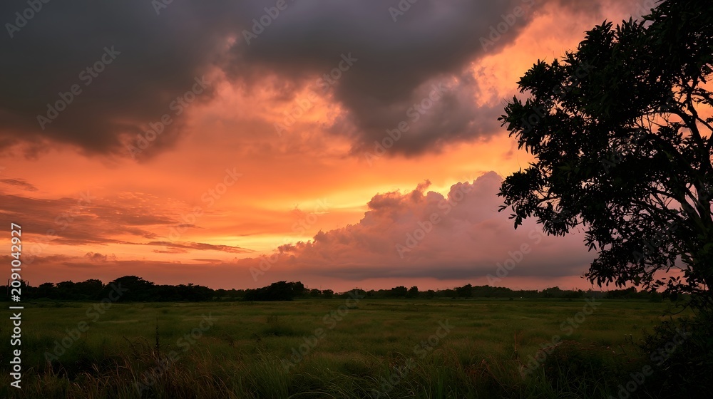 Fototapeta premium A vibrant sunset paints the sky in fiery oranges and reds above a vast green field with silhouetted trees