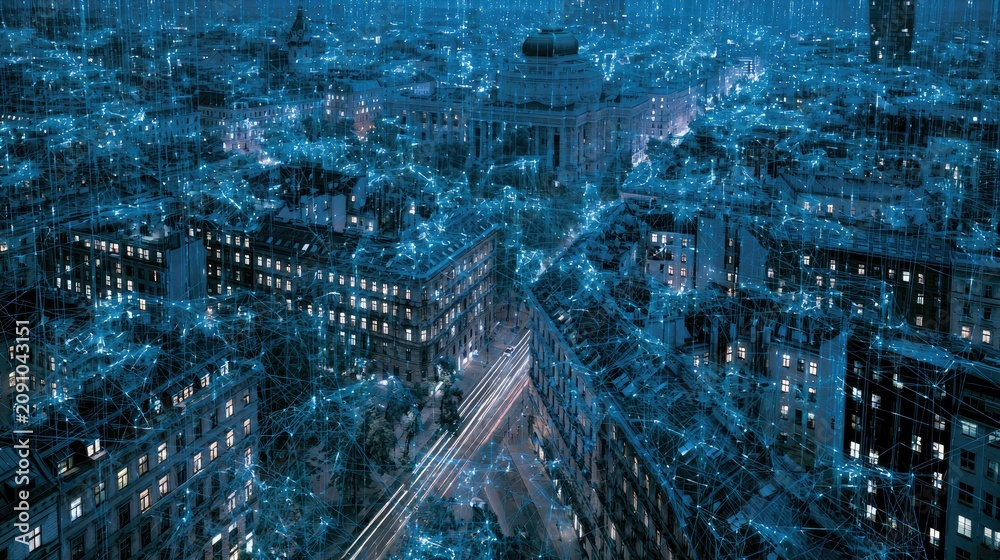 Obraz premium Densely packed cityscapes digitally overlaid with glowing blue network connections