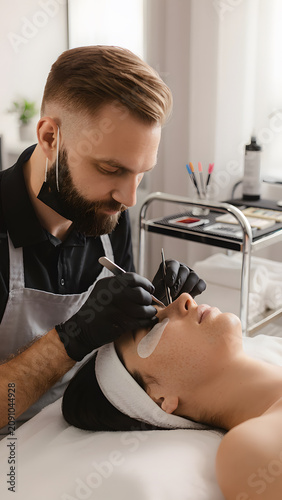 The Eyelash Application: Professional eyelash technician carefully applying cosmetic extension treatment for relaxed client lying down inside modern beauty salon