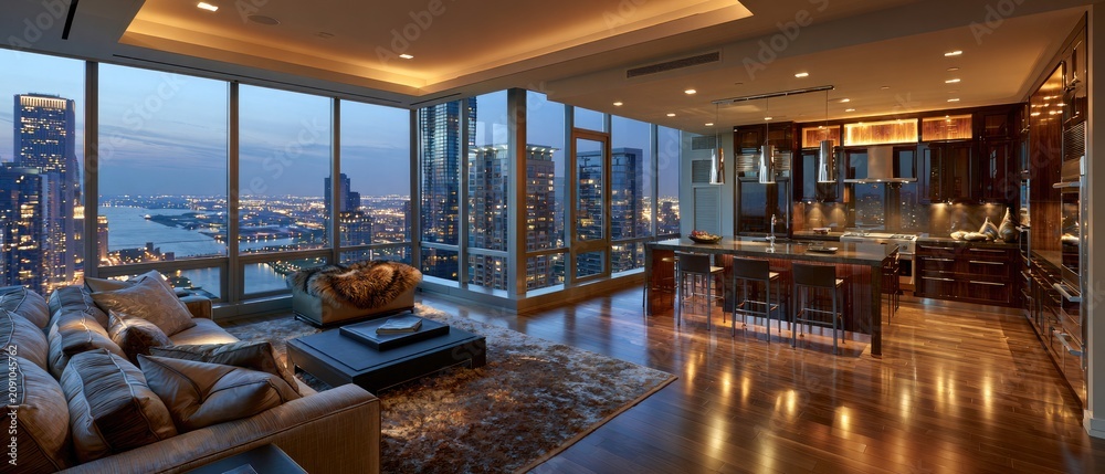 Fototapeta premium Luxurious modern high-rise apartment living area and kitchen with city lights view