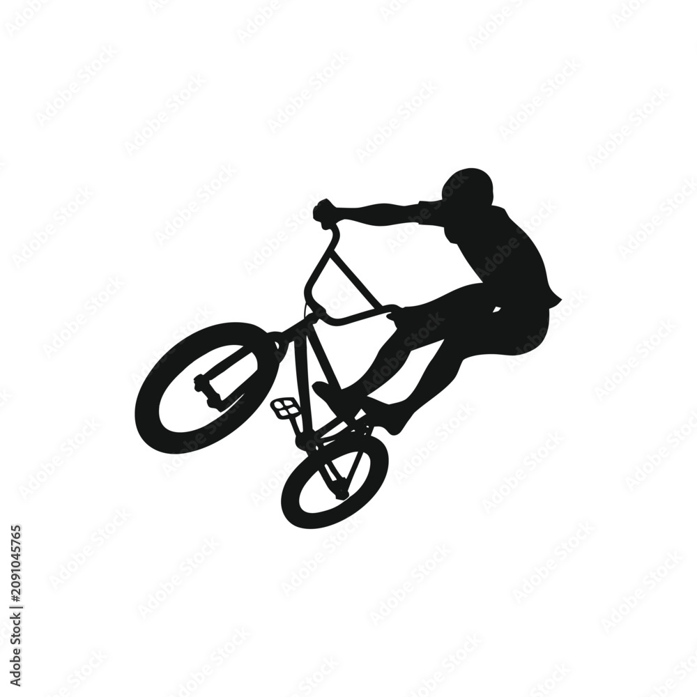 Obraz premium Black Silhouette of a BMX Rider Performing a Stunt Jump on a Bicycle Against a Plain White Background