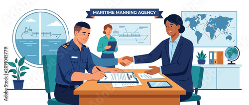 Maritime Agency Hiring Seafarer: Contract Signing & Handshake