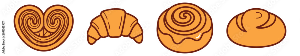 Fototapeta premium Cartoon icon set of 4 bakery pastries featuring heart shaped roll, croissant, cinnamon bun and bread roll for food design
