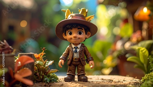 Whimsical character in hat amidst lush foliage