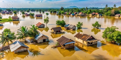 Elevated View of Flooded Village Homes Surrounded by Lush Greenery
