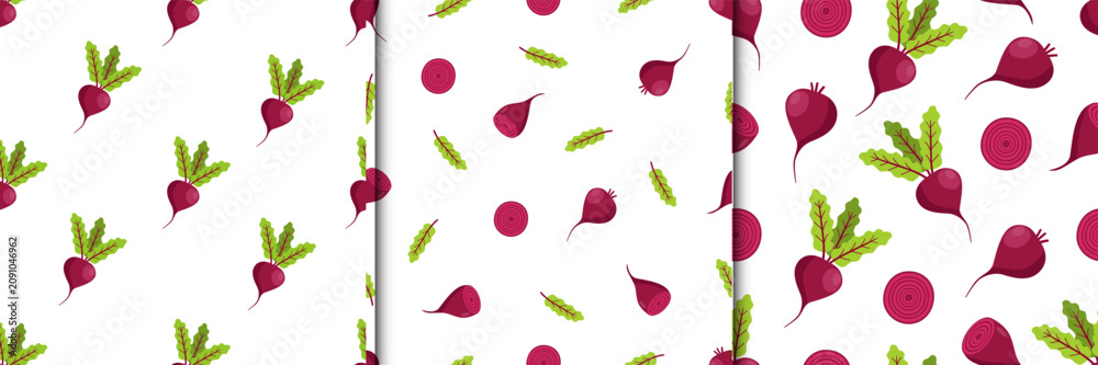 Naklejka premium Set of seamless Pattern Beetroot with leaves and beets in the cut. Cartoon vector illustration vegetables. Summer background seasonal harvest.