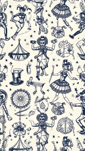 Whimsical circus performers and props pattern