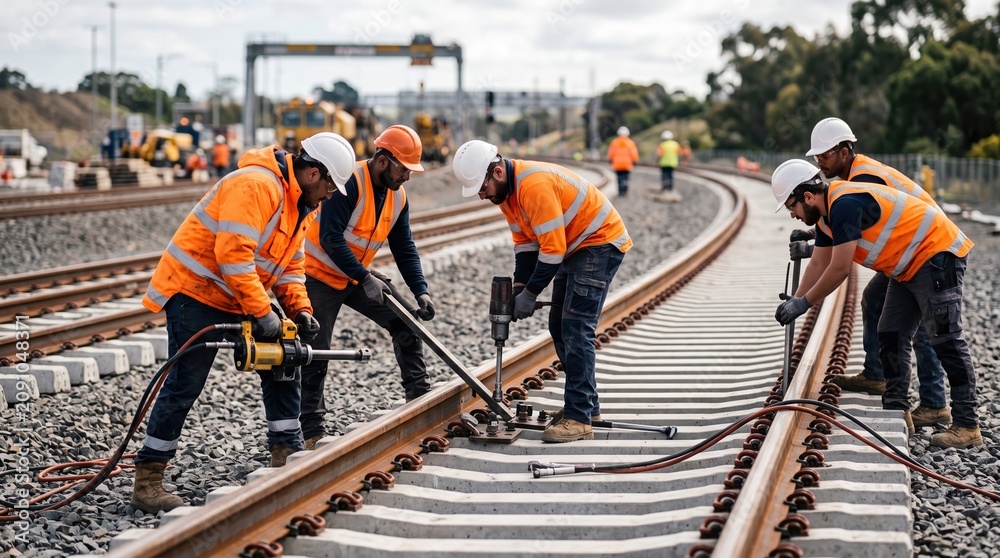 Fototapeta premium Railway Workers Aligning New Steel Tracks