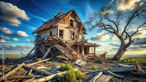 A weathered wooden house, collapsed and strewn amidst debris, stands silhouetted against a vibrant sunset sky, a solitary bare tree nearby