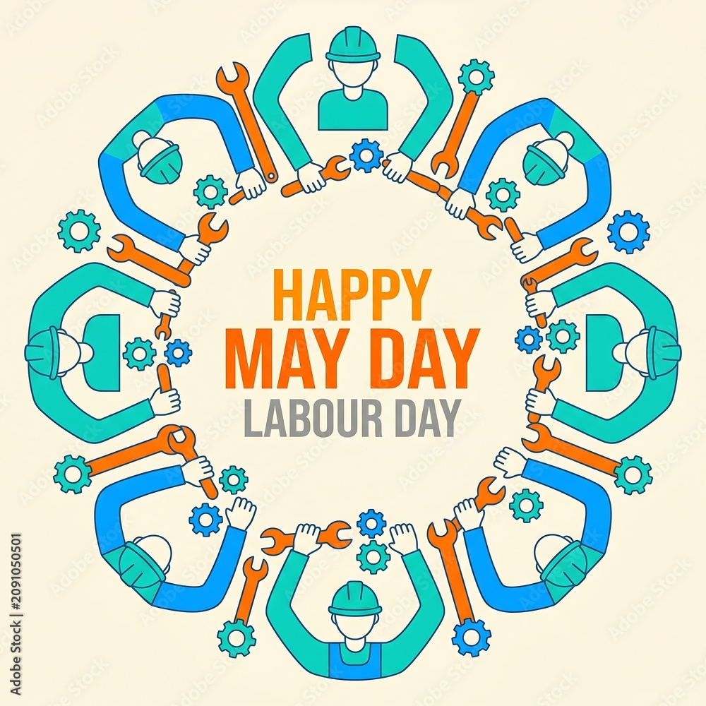 Fototapeta premium Happy labour day celebration greeting card with workers and tools circular frame