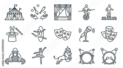 Photos Industrial Style Black and White Line Icons Set Featuring Circus Theater Dance a