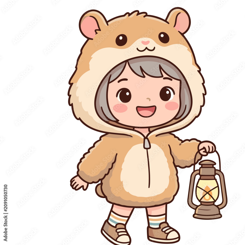 Fototapeta premium A young girl dressed in a cute hamster onesie holds a lantern.