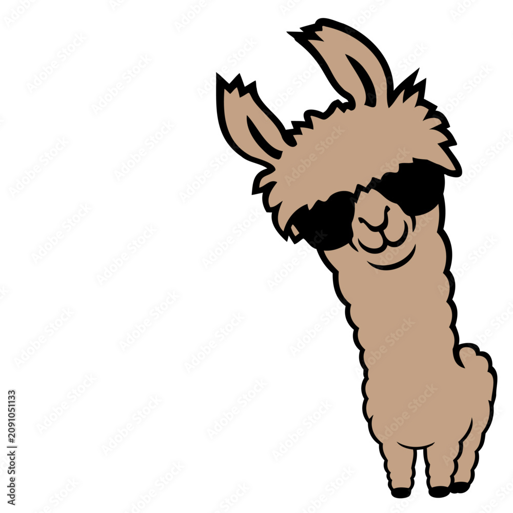 Fototapeta premium A cool, smiling llama rocking oversized sunglasses with effortless swagger. Hilarious and charming for animal lovers and anyone who appreciates a fluffy creature with serious cool energy.