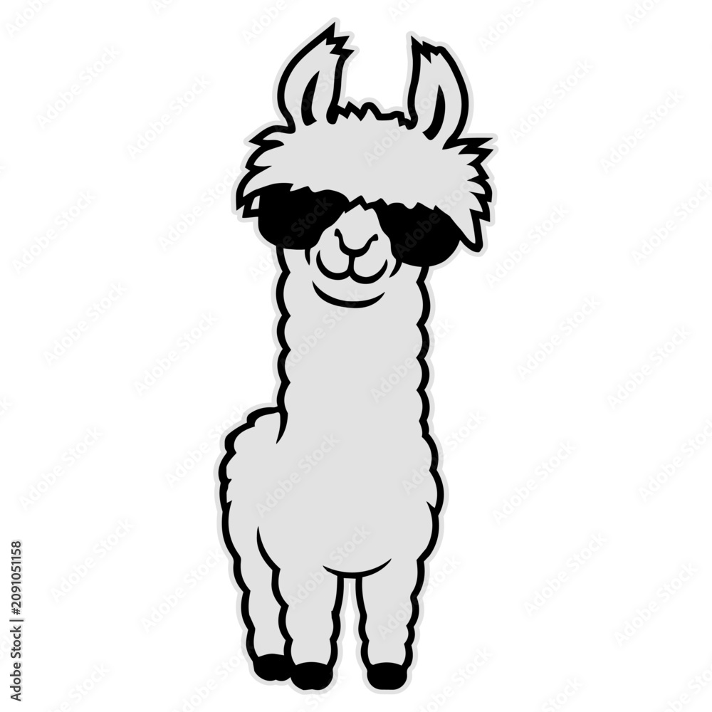 Fototapeta premium A cool, smiling llama rocking oversized sunglasses with effortless swagger. Hilarious and charming for animal lovers and anyone who appreciates a fluffy creature with serious cool energy.