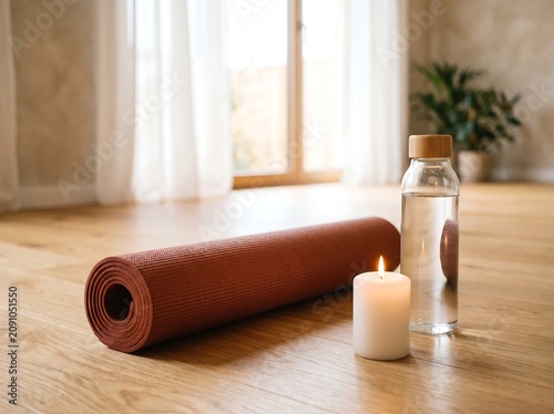 Yoga mat candle and water bottle on wooden floor in serene room