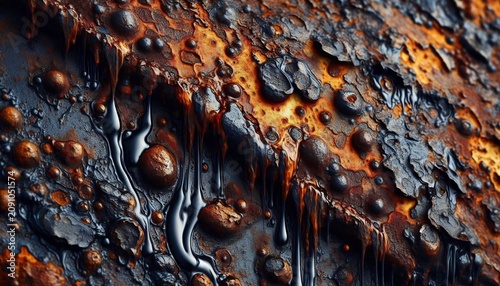 Macro close up of corroded metal texture with viscous black liquid dripping down the oxidized surface