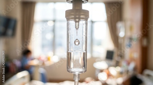 An intravenous drip in focus against a hospital room background. Concept of healthcare, medical treatment, patient care, and hospital environment. Generative AI