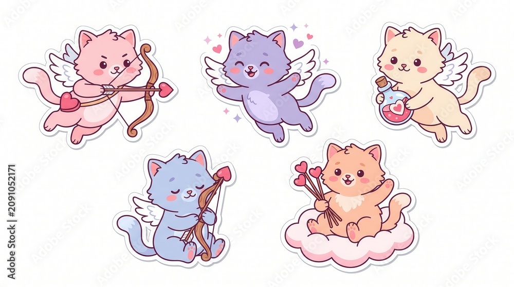 Obraz premium Five adorable winged cats act as Cupids holding bows, arrows, potion, and hearts on white