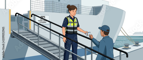 Security guard checks ticket on ship gangway stairs, maritime security concept.