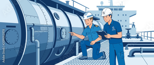 Maritime workers inspect large ship tank, safety inspection, teamwork, engineering