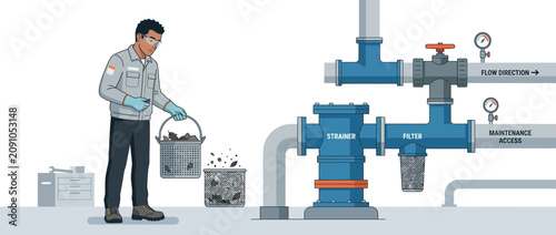 Maintenance worker cleaning a pipeline strainer and filter in industrial setting
