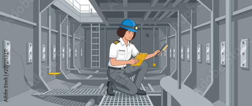 Female Engineer Inspecting Ship Interior Construction, Holding Clipboard and Stylus