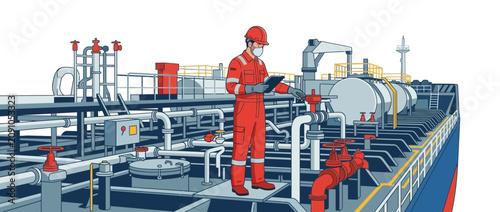 Oil Tanker Worker Inspecting Industrial Equipment on Deck