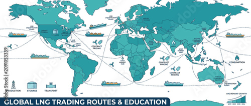 Global LNG Trading Routes Map with Ships and Facilities