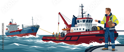 Tugboat towing a large cargo ship at sea, rescue operation, maritime assistance