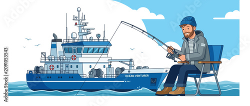 Fisherman on boat, fishing from deck of large vessel in blue ocean, cartoon style