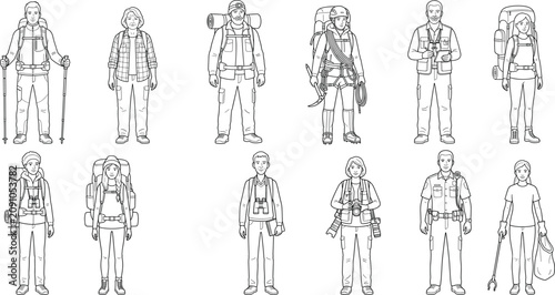 Canvas Print Vector illustrations of outdoor enthusiasts including hikers, mountaineers, bird