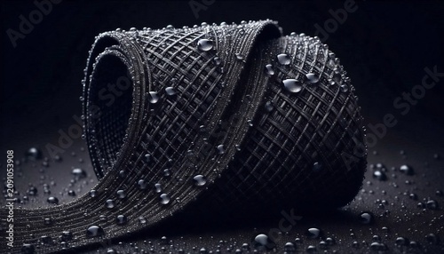 Macro view of black woven fabric ribbon adorned with sparkling water droplets on a dark background