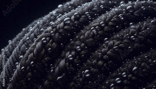 Macro close up of dark braided fabric texture adorned with sparkling water droplets