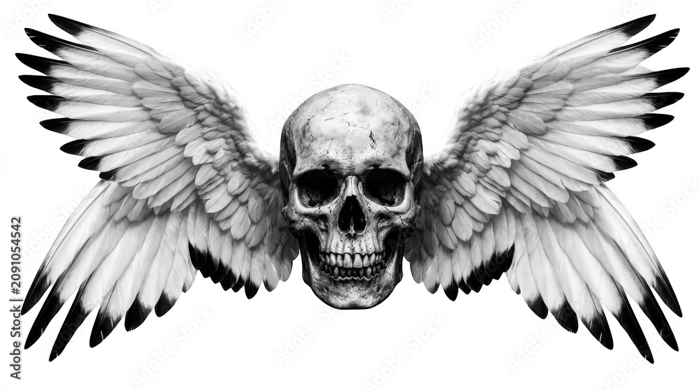 Fototapeta premium Human skull with large white feathered wings isolated on transparent background