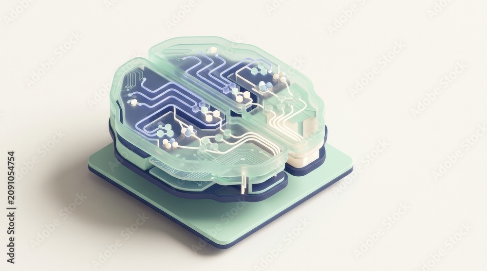 Fototapeta premium A digital model shows a brain with visible circuitry details. This aligns with responsible artificial intelligence discussions.