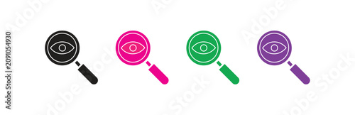 Set of four colorful magnifying glass icons with an eye symbol, representing search, discovery, and investigation, isolated on a white background for versatile use.