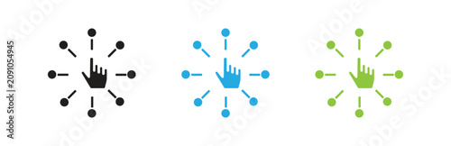 Set of icons depicting digital interaction with a hand pointer and radiating dots, symbolizing connection, network, and communication in a modern interface design.
