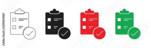A set of four clipboard icons with checkmarks, representing a checklist, to-do list, or completed task, isolated on a transparent background for versatile design use.
