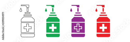 Set of hand sanitizer bottles with pump dispensers and white cross symbols, isolated on a transparent background, representing hygiene and germ protection in various colors.