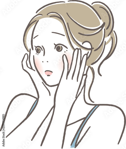 頬に手を当て困る女性
