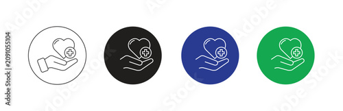 Set of hand holding heart with cross medical icons, representing health care, well-being, charity, and support in a clean, modern line art style.