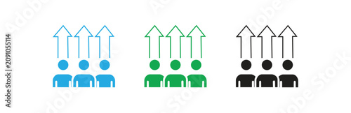 Set of three icons showing a group of people with upward arrows, symbolizing team growth, progress, business success, and increasing performance metrics.