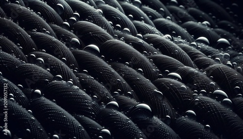 Macro close up of water droplets resting on a dark woven synthetic fabric surface with high contrast lighting