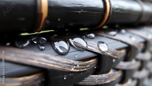 Macro close up of clear raindrops resting on a dark woven bamboo surface with natural lighting