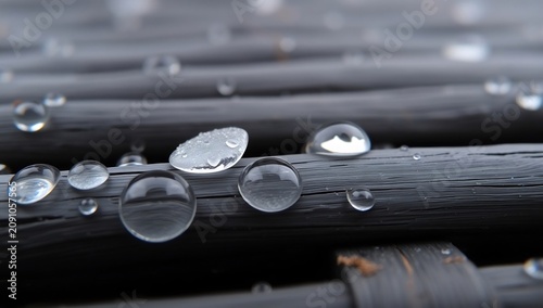 Clear water droplets resting on a dark woven bamboo surface