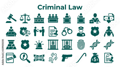 Quadro su tela Criminal law concept with justice and crime icons representing legal proceedings