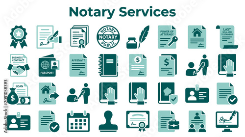 Cuadro en lienzo Notary Services Icons Collection representing legal documents, seals, signatures
