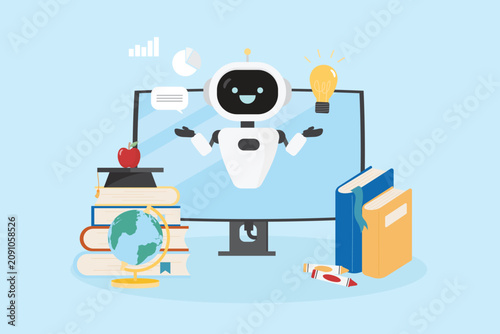 AI Chatbot Assistant on Computer Screen with Books and Globe, Online Education Technology Concept