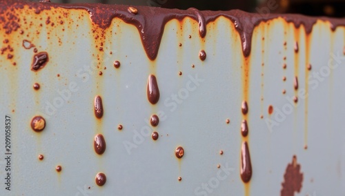 Close up of oxidized metal surface with dark brown rust drips
